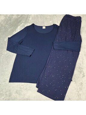 Soma Pajamas Large Navy Long Sleeve Top Gold Star Pants 2pc PJ Set Lightweight
